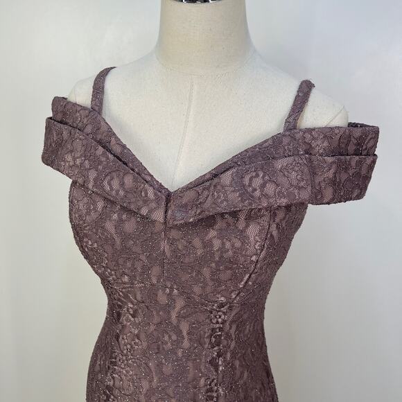 R & M Richards Lace Off The Shoulder Gown Dress Lavender Purple Cocktail Party - Picture 5 of 8